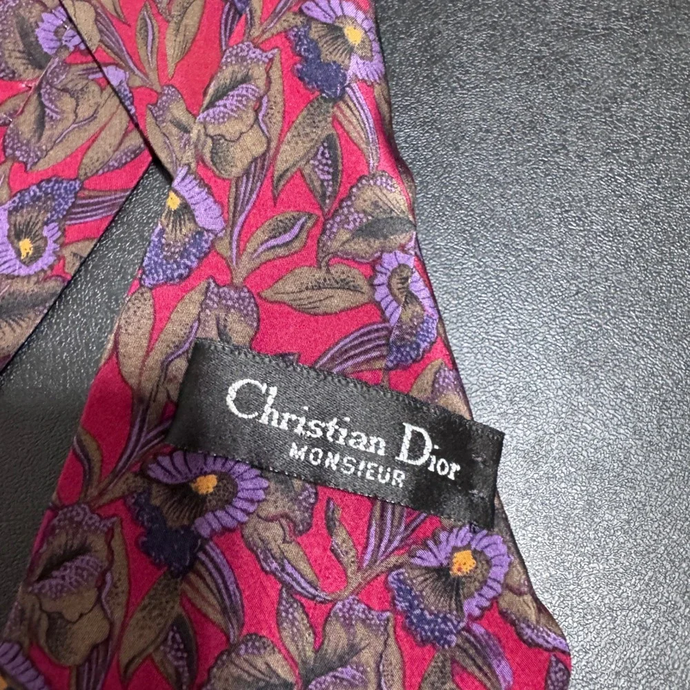 Christian Dior Monsieur Necktie Mens OS Red Floral Silk Vintage Italy Classic